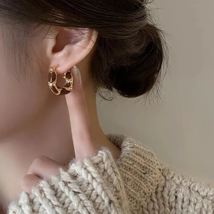 Vintage Dripping Oil U-Shaped Copper Alloy Hoop Earrings for Women 2024 Trendy Jewelry