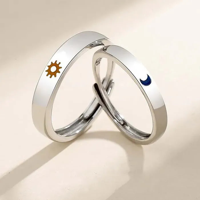 2Pcs Adjustable Silver Sun Moon Couple Heart Rings Set Gift Jewelry