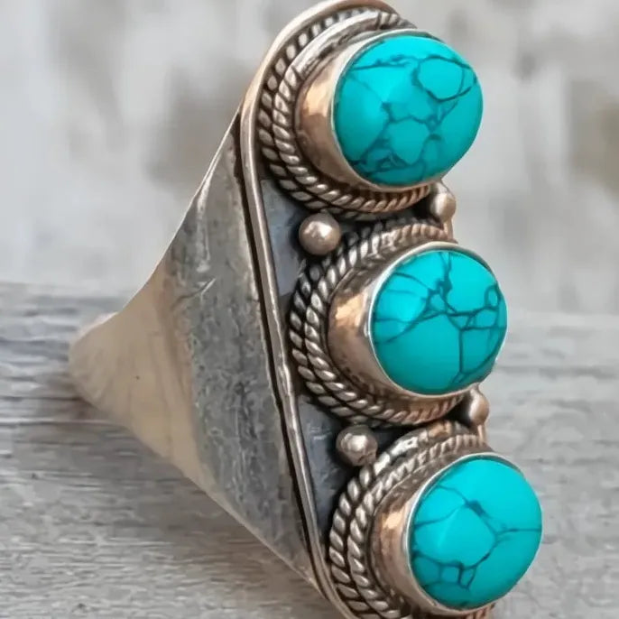 Bohemian Copper Turquoise Oval Ring Women’s Wedding Band Jewelry