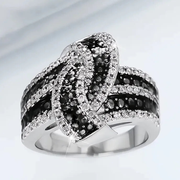 Vintage Black Enamel Brass Ring with White Cubic Zirconia, Women’s Party Jewelry