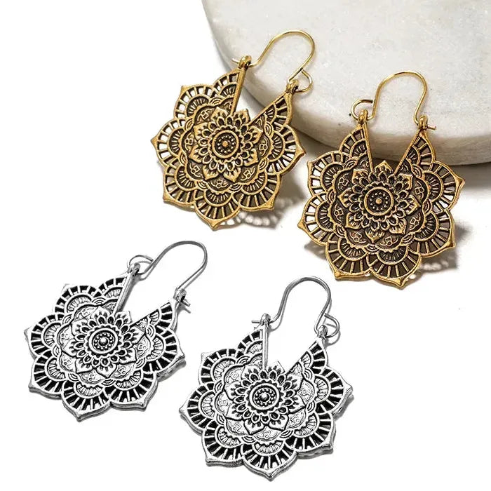 Retro Bohemian Hollow Flower Drop Earrings for Ladies Zinc Alloy Metal Jewelry