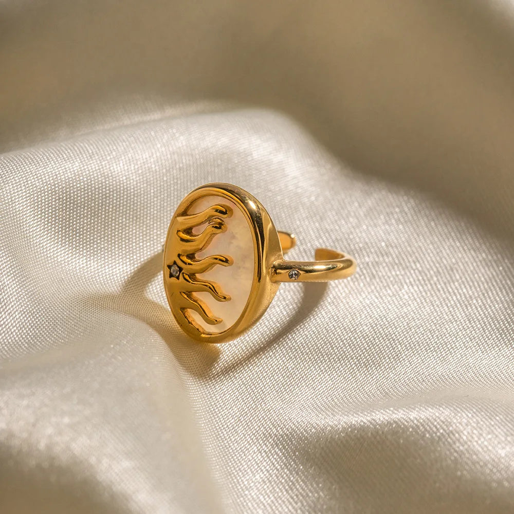 Vintage Opal Gold Stainless Steel Geometric Sun Ring for Women Wedding Jewelry