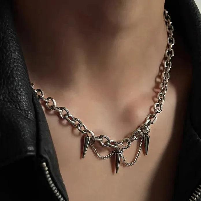 Punk Gothic Silver Cone Pendant Necklace Featuring Tassel Chain for Women