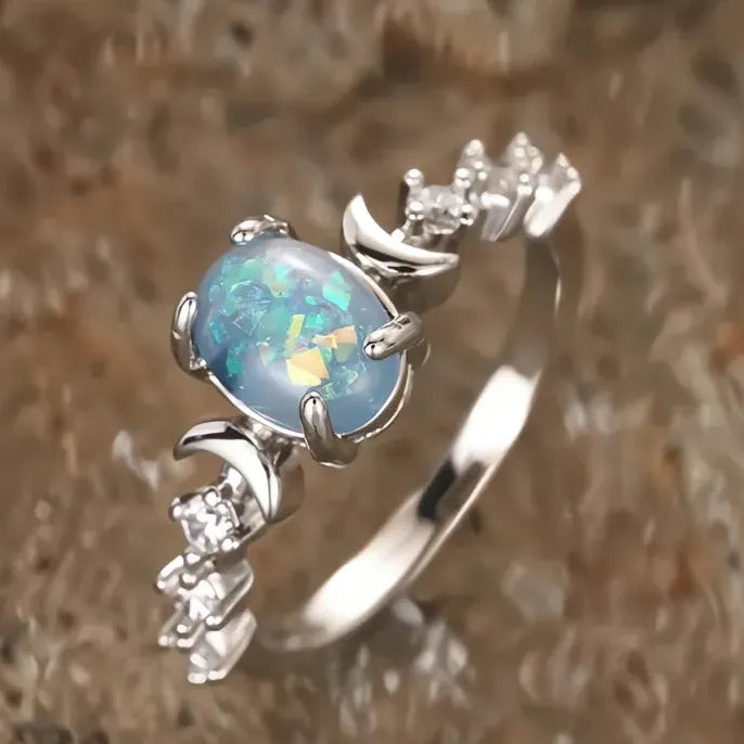 Brass Wedding Ring with Blue White Opal and Cubic Zirconia Gift