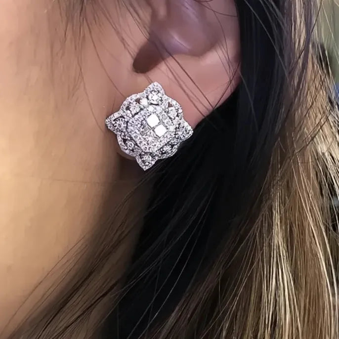 Square Silver Geometric Cubic Zirconia Stud Earrings for Women Jewelry