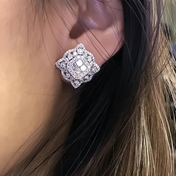 Silver Square Cubic Zirconia Geometric Stud Earrings for Women