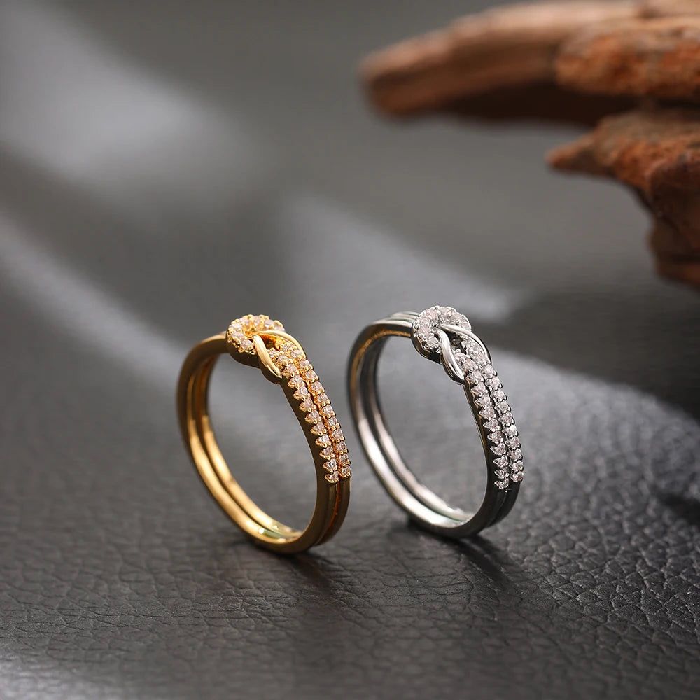 Bilayer Geometric Knot Couple Rings Waterproof Luxury Zircon Bride Engagement Jewelry