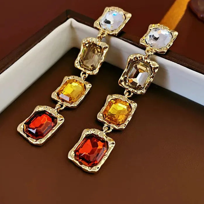 DREJEW Vintage Rhinestone Square Geometric Dangle Earrings for Women Silver Needle Gift