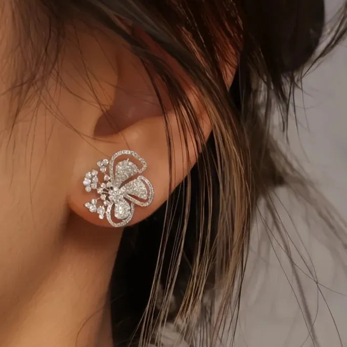 Cubic Zirconia Plant Flower Stud Earrings Silver Jewelry for Women