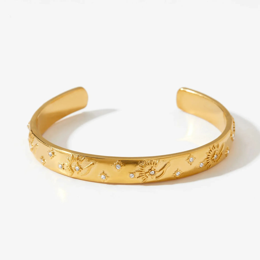 18K Gold Plated Stainless Steel Sun Moon Star Bangle Bracelet Waterproof Charm Jewelry