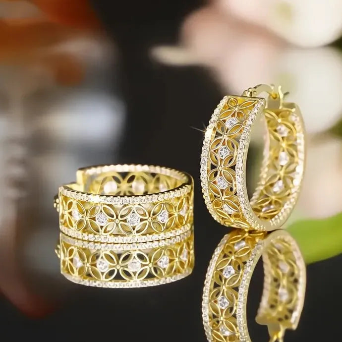 Delicate Hollow-Out Geometric Hoop Earrings with Cubic Zirconia, Gold Tone