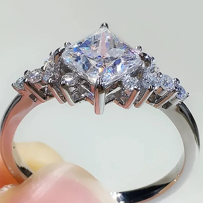 Princess Square CZ Cubic Zirconia Brass Wedding Band Ring for Women Engagement