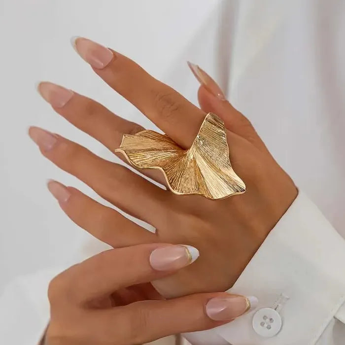 Gold Irregular Fold Leaf Texture Fashion Rings for Women Stylish Jewelry