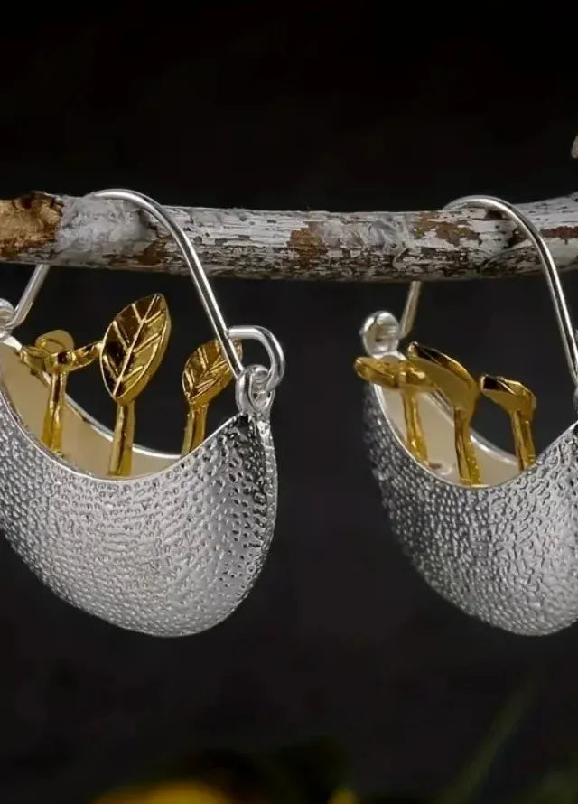 Vintage Silvery Zinc Alloy Flower Pot & Butterfly Drop Hoop Earrings Women