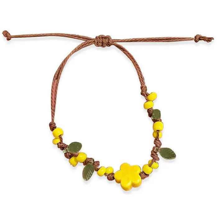 Ceramic Yellow Flower Beaded Rope Bracelet for Women Girls Spring Summer Jewelry