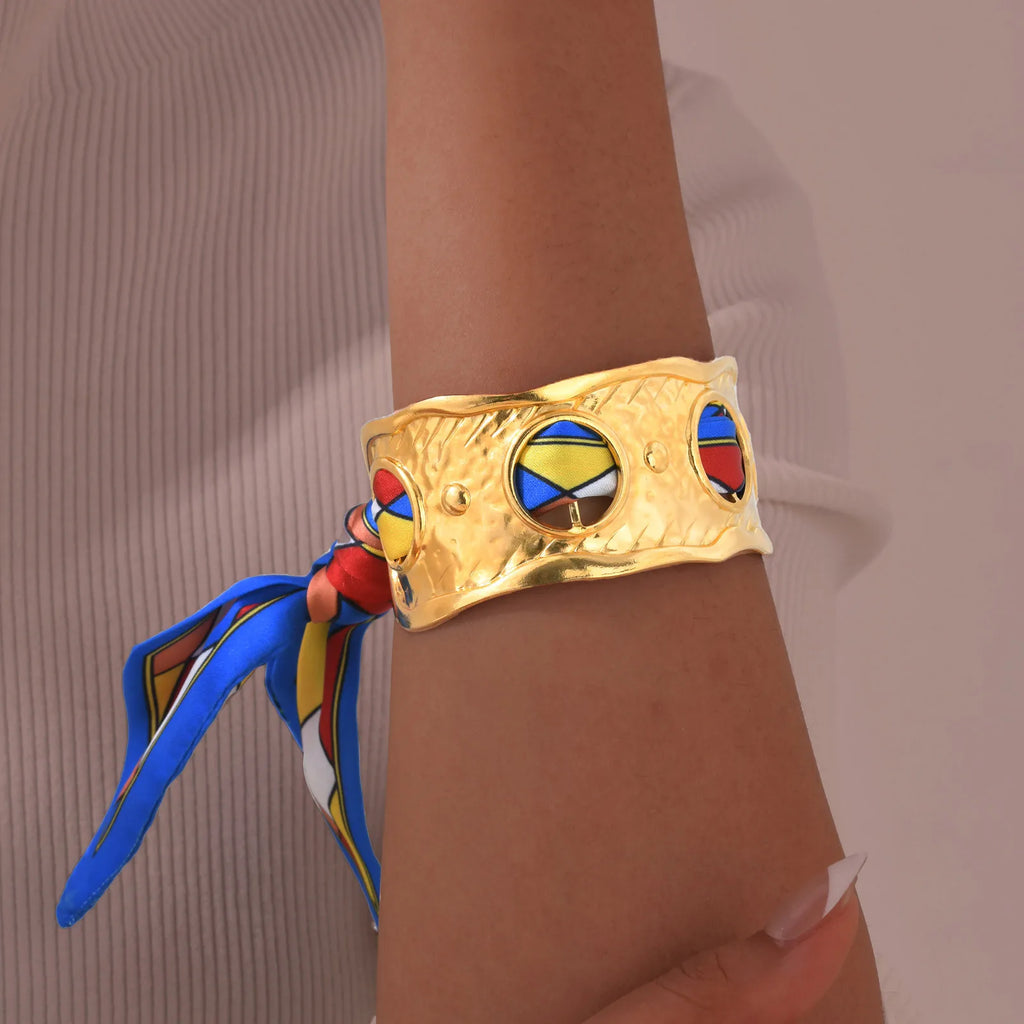 Gold Plated Stainless Steel Hollow Open Bangle Silk Scarf Bracelet Women