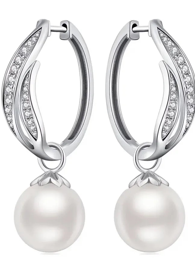 Geometric Simulated Pearl Drop Earrings with CZ Inlay for Women