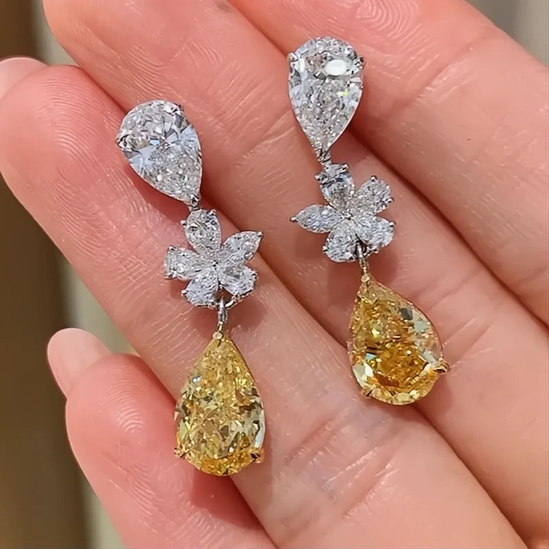Aesthetic Bride Wedding Drop Earrings for Women Yellow Cubic Zirconia Flower Luxury Jewelry
