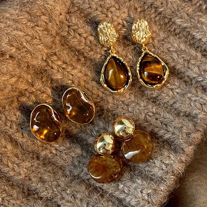 Brown Resin Tiger Eye Dangle Earrings for Women with Silver Needle