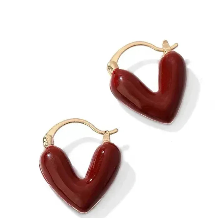 French Romantic Wine Red Enamel Heart Pendant Earrings Copper Alloy Jewelry for Women