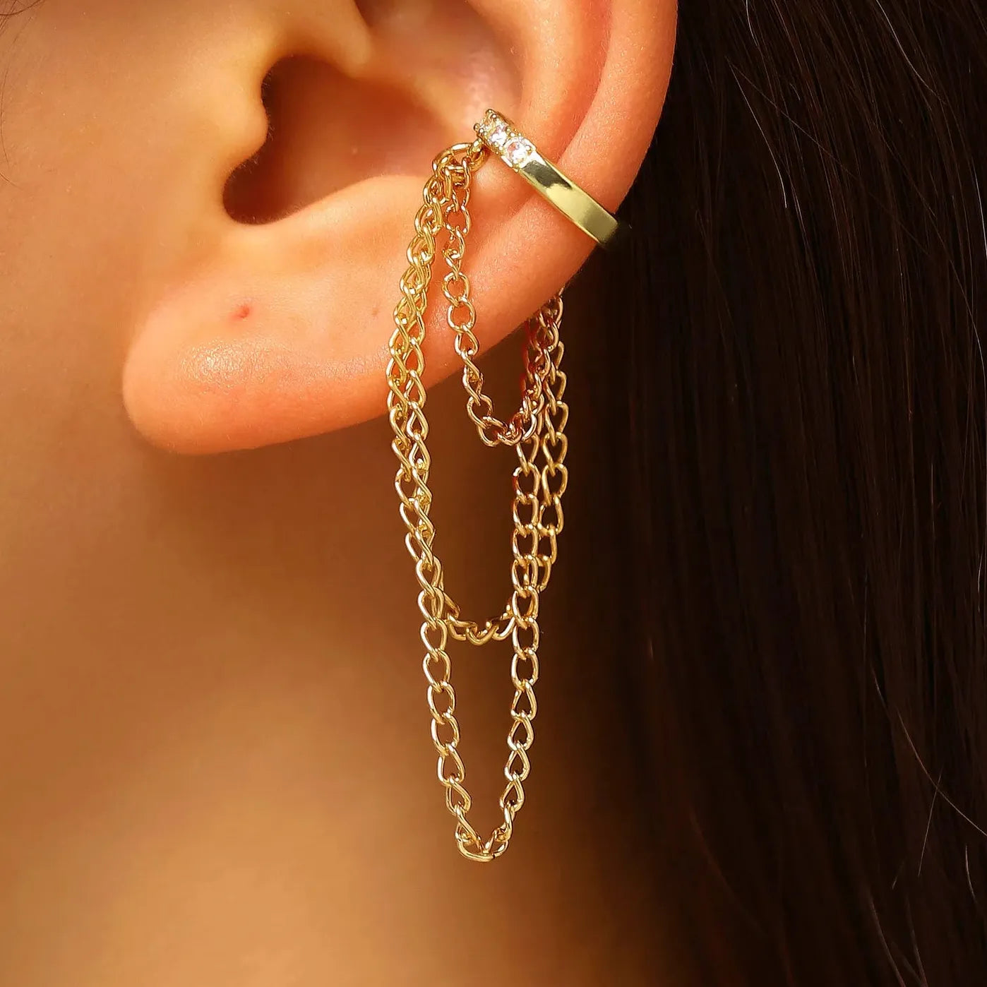 Temperament Tassel Long Clip Earrings for Women Zircon C-Shaped Chain Jewelry Trendy