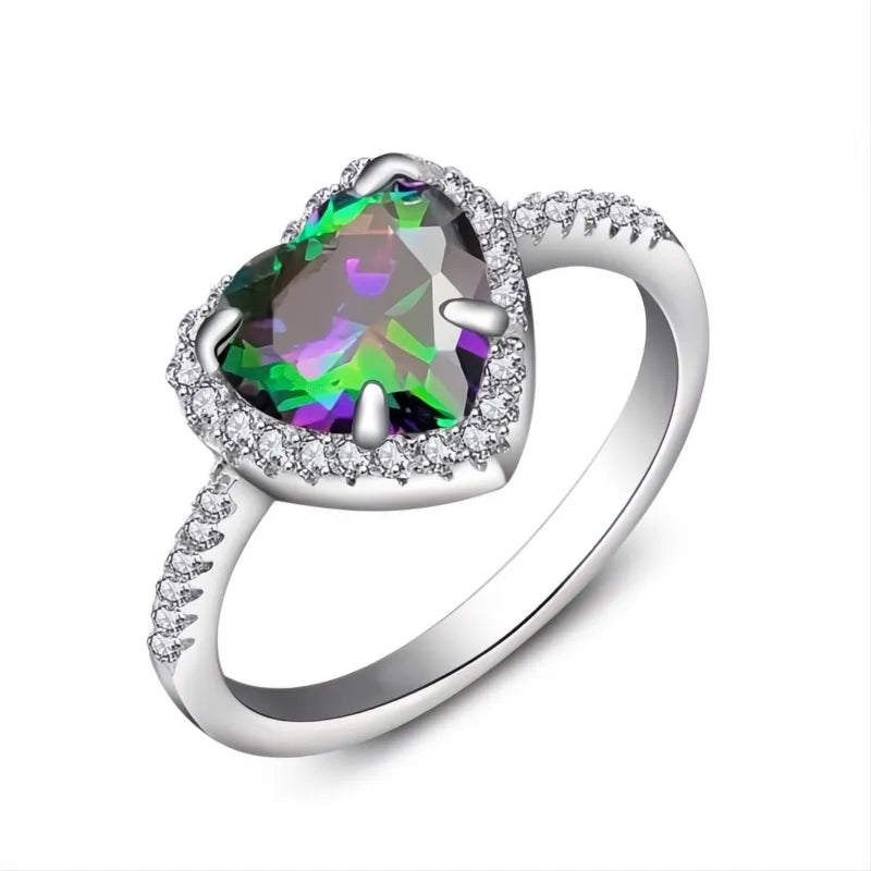 Classic Silver Heart Engagement Ring for Women Copper CZ Stone Inlay Wedding Jewelry Gift