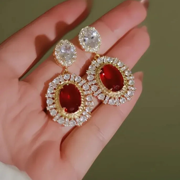 Gold Red CZ Geometric Drop Earrings for Women Wedding Party Jewelry