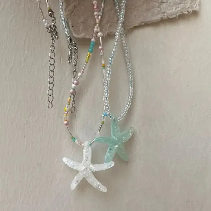 Y2K Blue Acrylic Starfish Pendant Necklace for Women Colorful Bead Choker