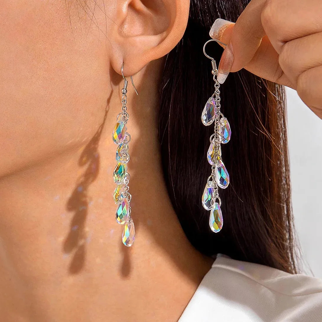 Korean Zircon Crystal Water Drop Tassel Earrings for Women Wedding Party Jewelry
