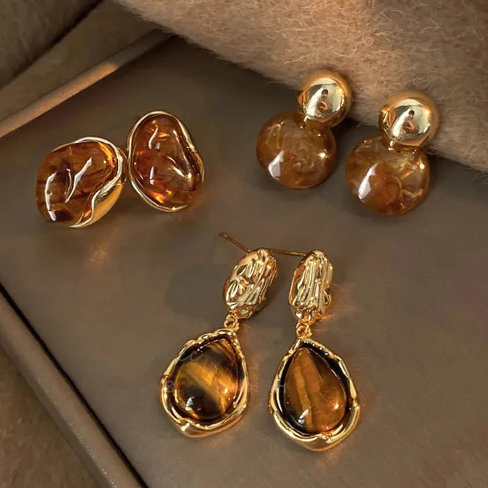 Brown Resin Tiger Eye Dangle Earrings for Women with Silver Needle