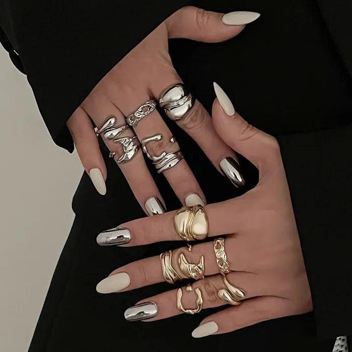 Irregular Gold Layered Metal Lava Rings Set for Women Party Jewelry Gift
