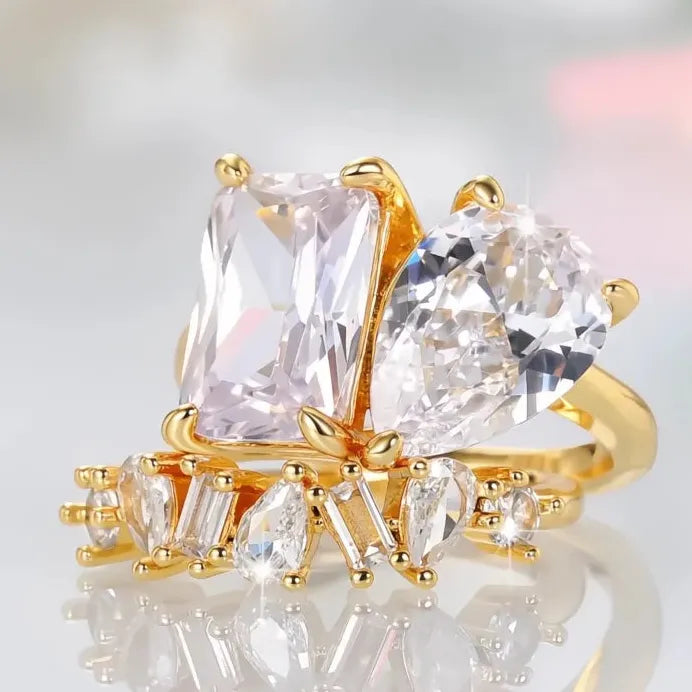 Pear Square Cubic Zirconia Wedding Rings Set Gold Color Elegant 2023