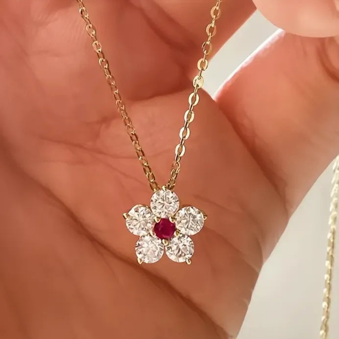 Geometric Flower Pendant Necklace with Red Cubic Zirconia for Women Party