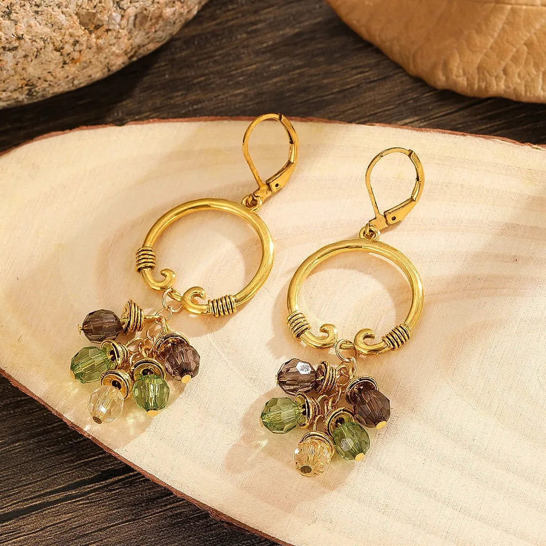Ethnic Vintage Colorful Round Stone Resin Hoop Hollow Dangle Earrings Women