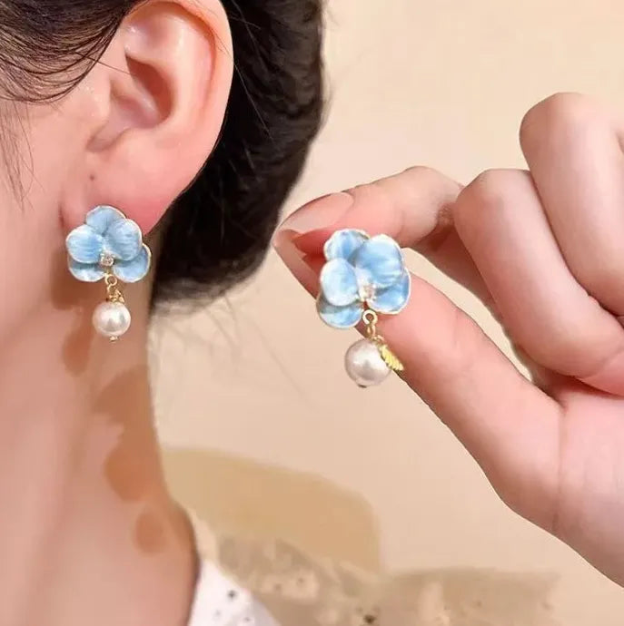 Vintage Double Layer Dripping Oil Flower Drop Earrings for Women Girls Stylish