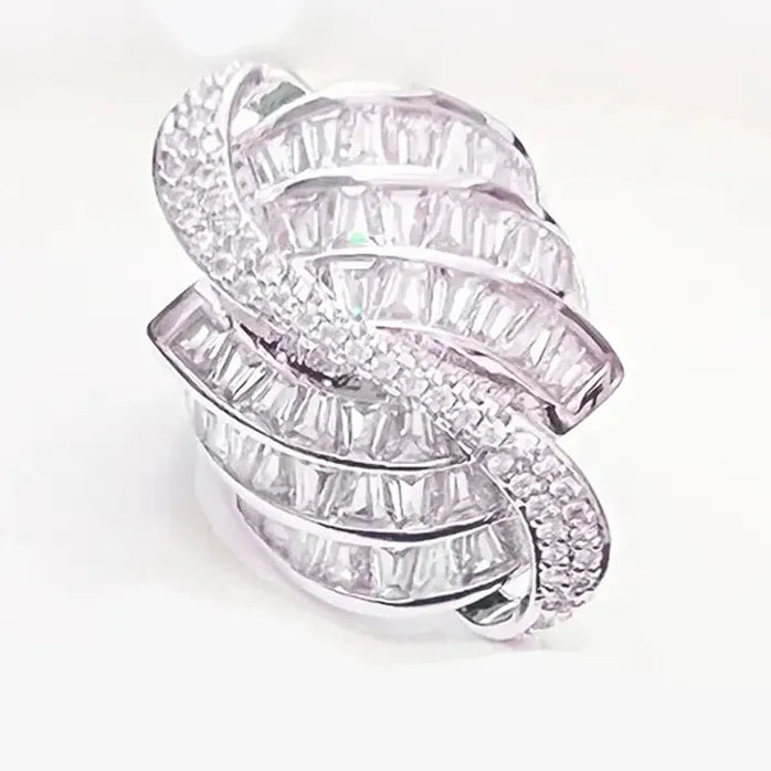 Geometric Cubic Zirconia Crystal Wedding Engagement Ring for Women Brass