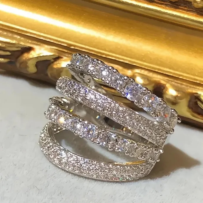 Geometric Multi-layer Cubic Zirconia Bridal Wedding Band Ring for Women