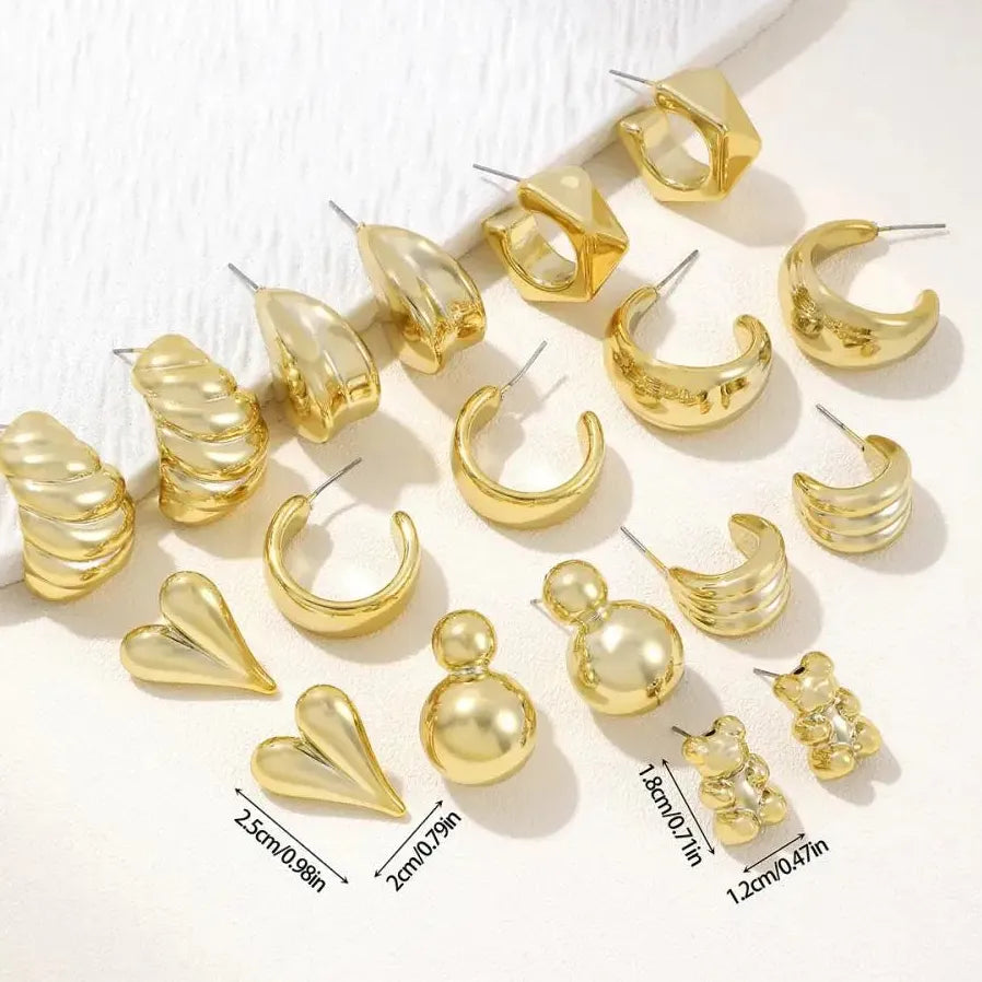 6Pcs Gold Heart Bear Drop Earrings Women Twisted Metal C-Shape Jewelry Gift