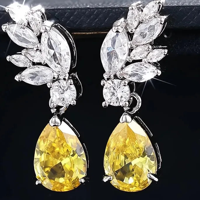 Fancy Yellow Pear Cubic Zirconia Drop Earrings for Women Wedding Party Jewelry Gift