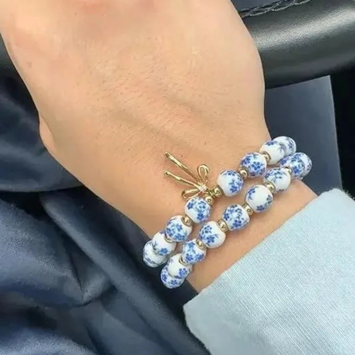 Handmade Blue White Porcelain Beads Bracelet Bowknot Pendant Adjustable Elastic Bangle for Girls