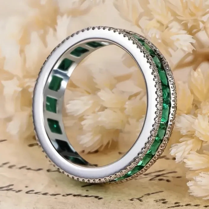 Women’s Geometric Wedding Ring Brass Band with Green Cubic Zirconia