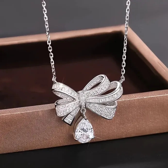 Bowknot Pendant Necklace with Zircon for Women Wedding Party Jewelry