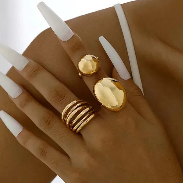 3Pcs Punk Gold Lava Geometric Rings Set for Women 2024 Trendy Jewelry