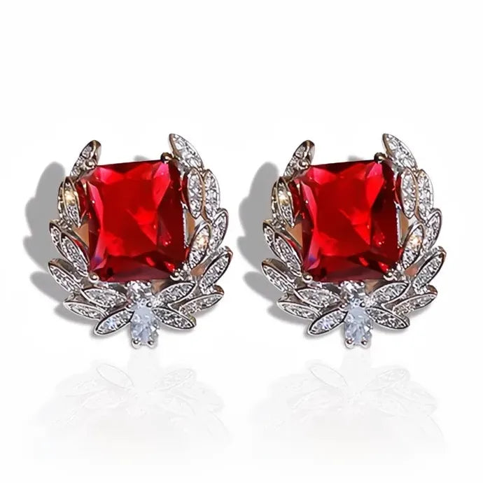 Bright Red Geometric Cubic Zirconia Crystal Stud Earrings for Women Copper Alloy