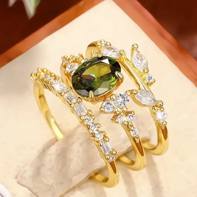 Oval Olive Leaf CZ Bridal Ring Set for Women Wedding Party Brass Jewelry