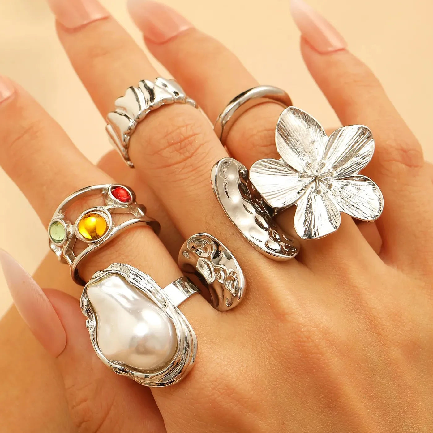 6Pcs Unisex Punk Gothic Geometric Crystal Metal Rings Durable Fashion Jewelry