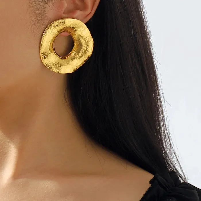 Large Geometric Hollow Metal Earrings for Women Irregular Round Texture