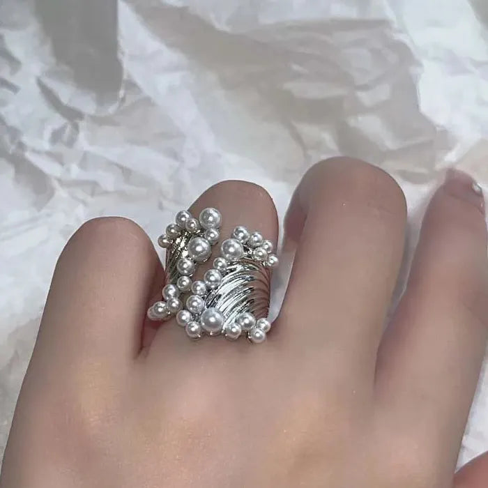 Adjustable Korean Silver Pearl Open Ring for Women Girls Fashion Jewelry