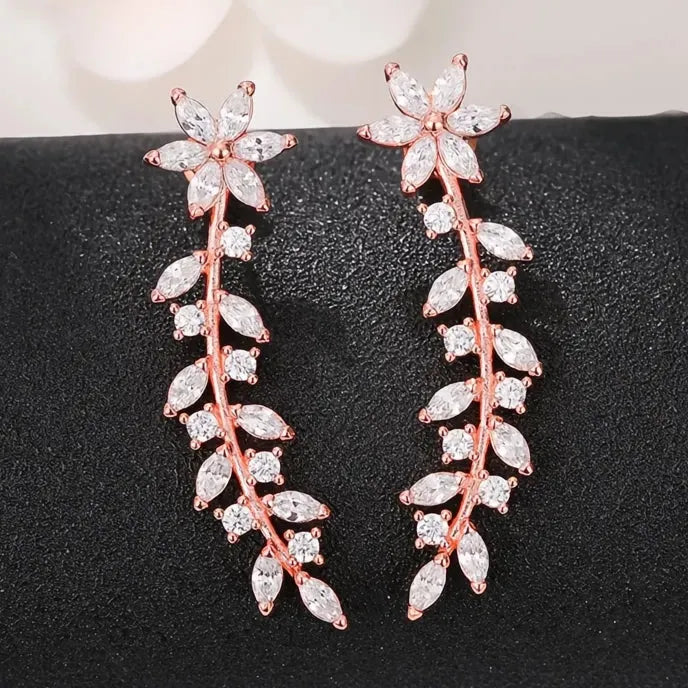 Aesthetic Flower Cubic Zirconia Geometric Stud Climb Earrings for Women Copper Alloy Jewelry