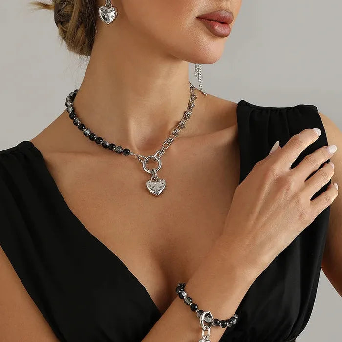Thorn Heart Necklace Bracelet Earrings Set for Women Zinc Alloy Jewelry